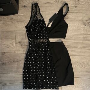 Chic One Shoulder Black Dress with White Polka Dots